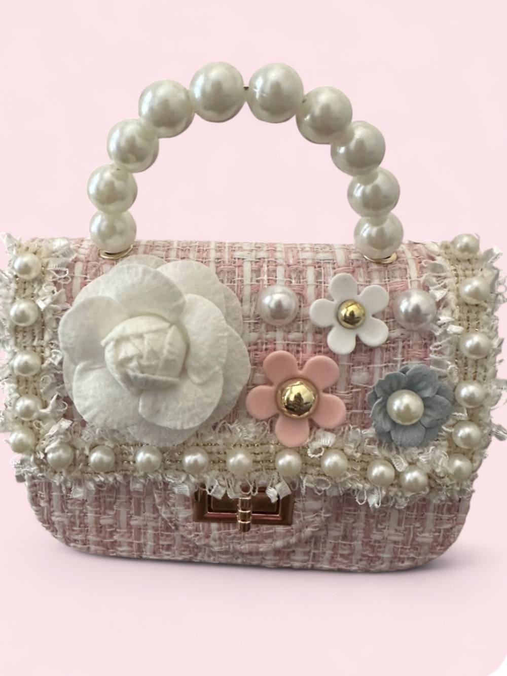 Pearl-Handle Pink Floral Tweed Handbag/crossbody mini bag